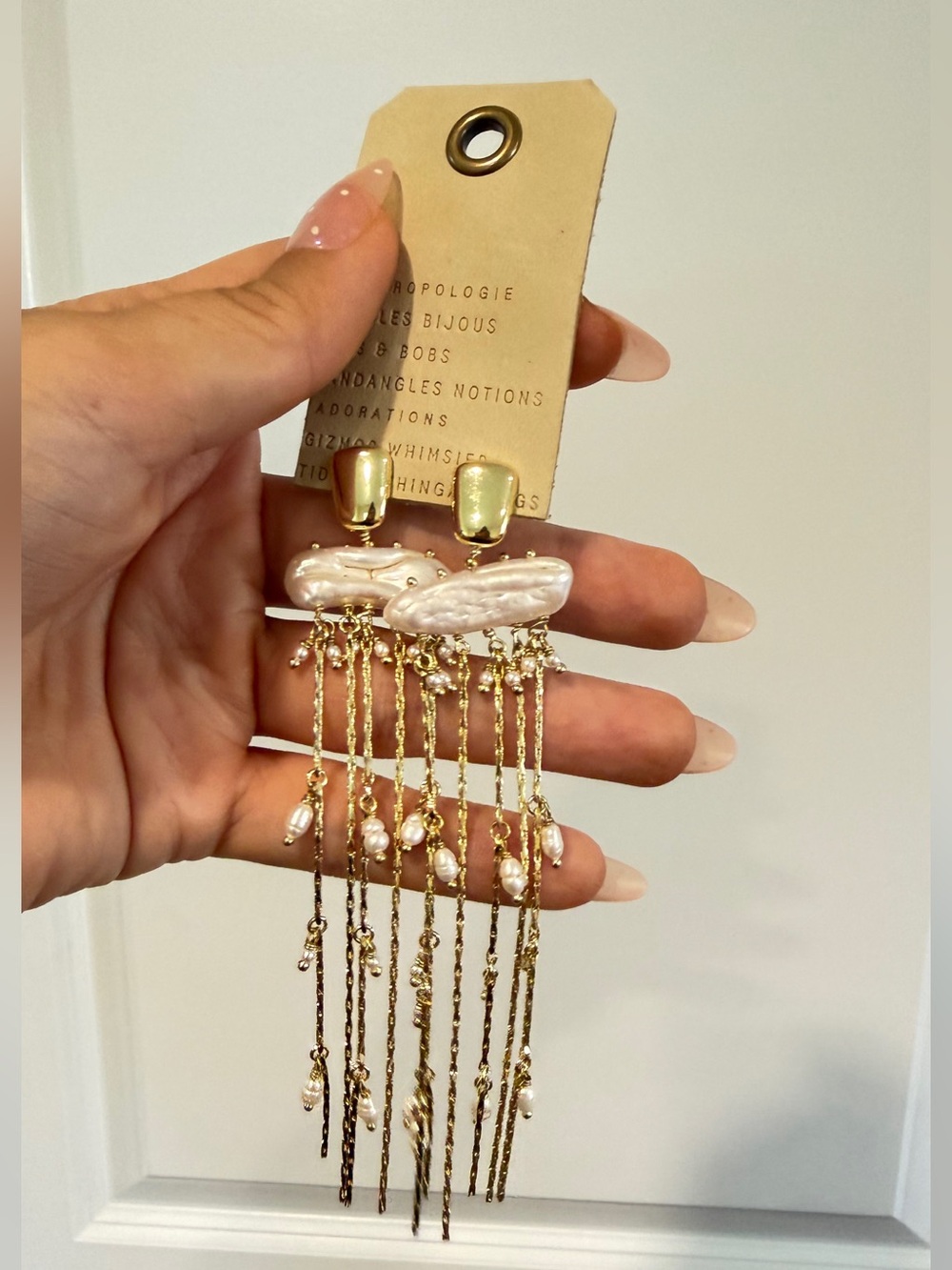 Anthropologie Gold and Pearl Cascade Fringe Earrings